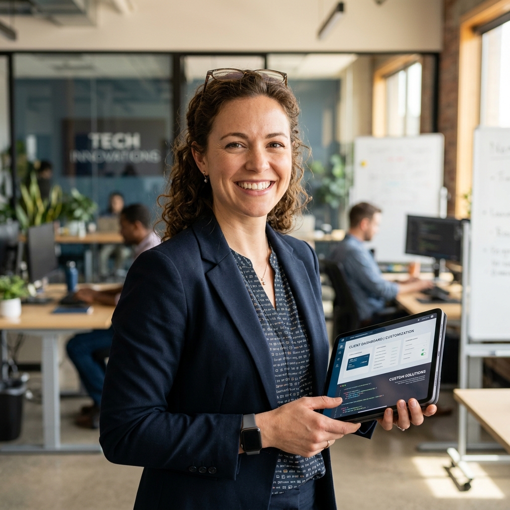 Especialista de suporte e desenvolvimento da eHomeCare sorrindo com tablet